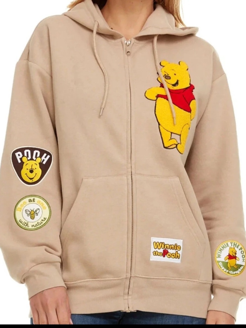 Disney Winnie The Pooh Embroidered Patchwork Zip Sweatshirt Medium
